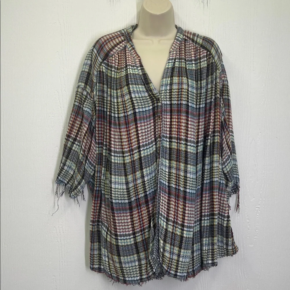 Free People - Boho Cottage Plaid Colorful Button Down Oversized Blouse Size Med - Picture 2 of 11